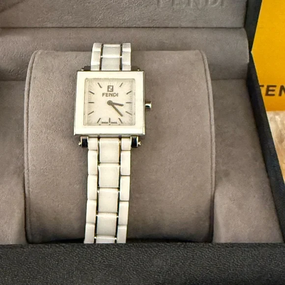 Fendi Square Ceramic White Watch, Stainless Steel Authentic Preloved